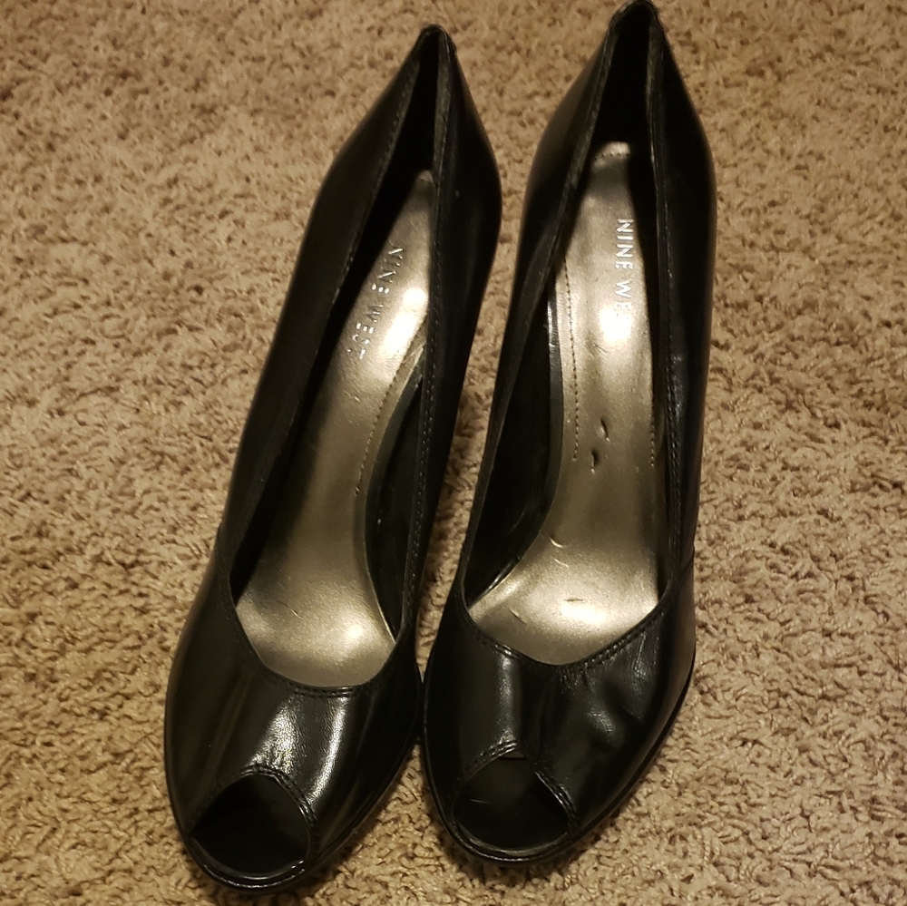 Nine West Peep Toe Black Leather Heels